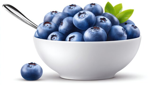 Fresh blueberries in white bowl with spoon on isolated white background for healthy eating and nutrition concepts