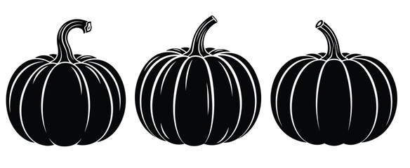 Three stylized black silhouette pumpkins with curved stems on a white background