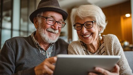 Digital Joy: A senior couple shares a tender moment as they engross themselves in a digital tablet, their faces illuminated with pure joy and smiles. 