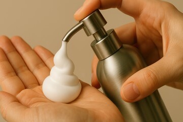 Applying foam cleanser bathroom counter skincare routine indoor close-up hygiene tips