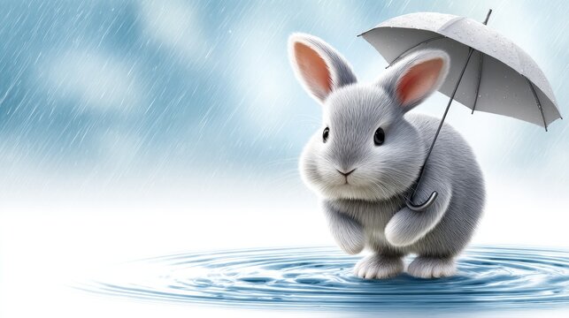 Adorable bunny with umbrella walking through rain puddle, perfect for children's storybook illustration or springtime design