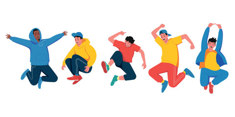 Flat illustration of cheerful boys jumping in dynamic poses wearing bright casual outfits perfect for themes of youth energy celebration friendship active lifestyle fun moments and positive emotions