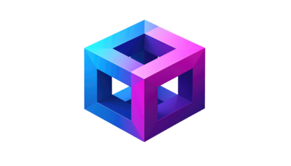 Impossible cube geometric shape, neon blue and magenta gradient, central hole, isometric, isolated against stark black backdrop