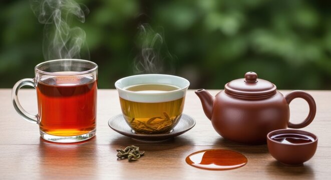 A steaming cup of tea with a teapot and teacup on a wooden table with a green background. - Powered by Adobe