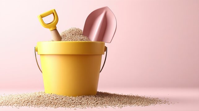 Child's sand bucket with shovel on white background suitable for summer vacation theme or kids beach toy design