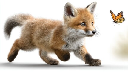 Obraz premium Playful fox cub chasing butterfly on white background for children's design and nature themes