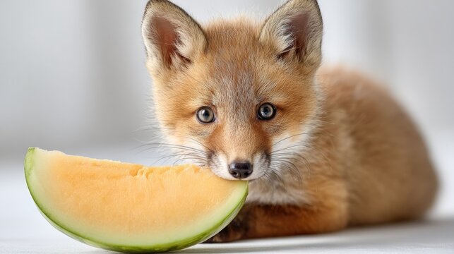 Fox cub enjoying a melon slice on white background – adorable wildlife moment for nature art or poster design