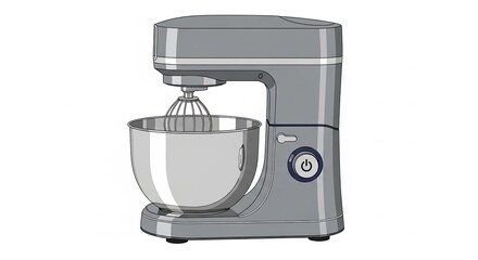Silver Stand Mixer with Stainless Steel Bowl and Whisk Attachment.
