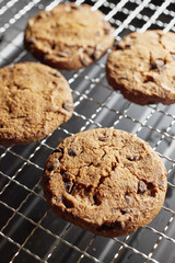 Sweet chocolate chip cookies on a metal grill grate