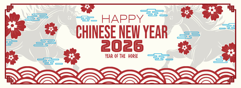 A minimalist banner for Chinese New Year 2026, Year of the Horse. Features two light gray horse silhouettes, bold red text, plum blossoms, and light blue clouds, framed by a red wave border.