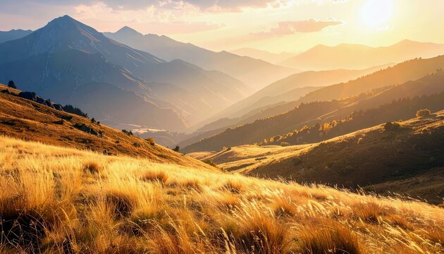 A majestic mountain range is bathed in the warm glow of golden hour sunlight, with dry, golden grass covering the foreground hills.