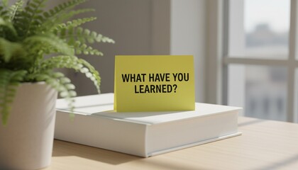 Yellow Sticky Note with 'WHAT HAVE YOU LEARNED?' Question on White Book, Symbolizing Education and Reflection