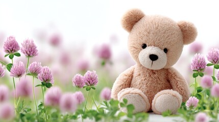 Cute teddy bear in clover field for children's room decor with white background