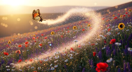 A butterfly flying over a colorful flower field during sunset with sparkling dust creating a magical atmosphere