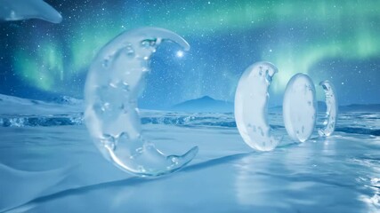 Magical aurora borealis illuminates ice moon sculptures on snowy landscape, surreal art concept.