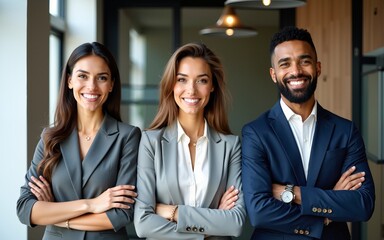 Group of smiling business people pose arms folded in office, diverse trio. High quality