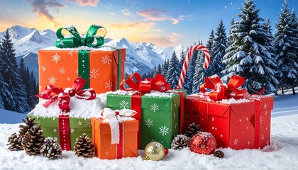 Festive Christmas gifts in a snowy mountain landscape.