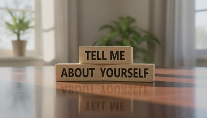 Wooden blocks spelling 'Tell Me About Yourself' on reflective table, interview concept