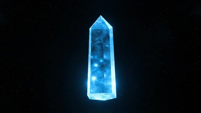 Glowing crystal obelisk against starfield backdrop. Concept for future, energy, space.