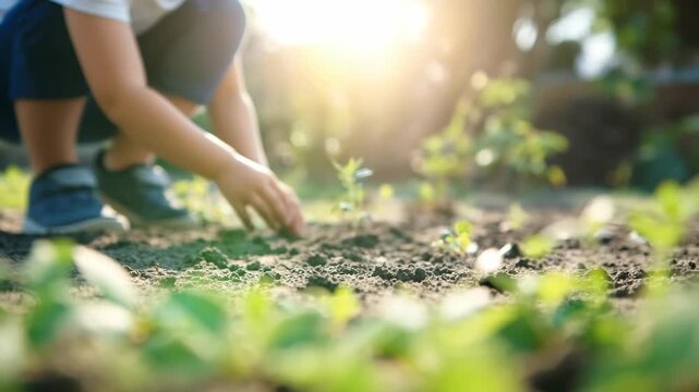 Child's hand gently planting seedlings in rich soil, showcasing nurturing action and growth, with sunlight illuminating the vibrant garden scene, camera follows the action