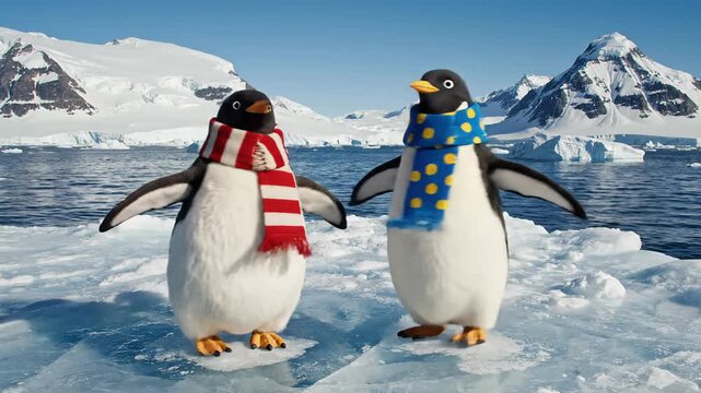 Penguins wearing colorful scarves dancing merrily on ice in Antarctica  