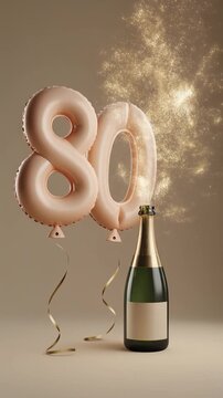 Balloon shaped as number 80, next to popping champagne bottle. Neutral colors for birthday or anniversary