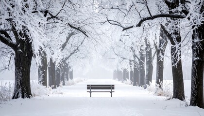 Serene Winter Landscape with Bench in Snowy Park.