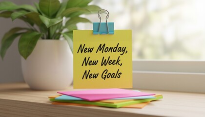 Motivational sticky note 'New Monday, New Week, New Goals' with binder clip on a stack of colorful notes, symbolizing planning and fresh starts.