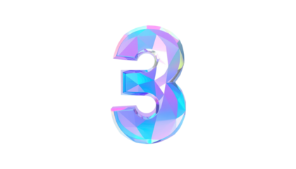 Faceted number three with iridescent hues of pink, purple, and blue on black backdrop, catching light creating reflections