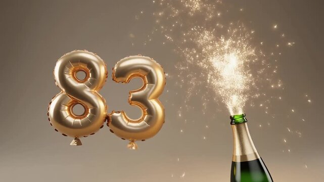Balloon shaped as number 83, next to popping champagne bottle. Neutral colors for birthday or anniversary