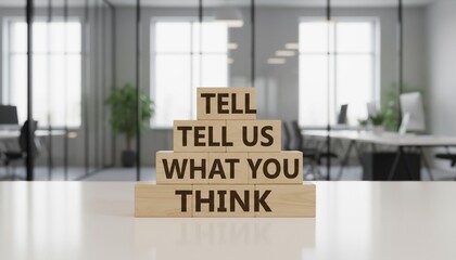 Tell Us What You Think wooden blocks on desk in modern office, feedback and communication concept.