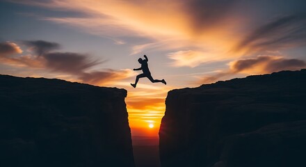 Dynamic Silhouette: Person Leaping Across a Deep Chasm at Vibrant Sunset, Symbolizing Challenge, Courage, and Success