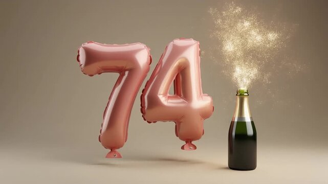 Balloon shaped as number 74, next to popping champagne bottle. Neutral colors for birthday or anniversary