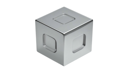 Sleek, shiny, metallic cube featuring recessed square and rounded square designs on its visible surfaces