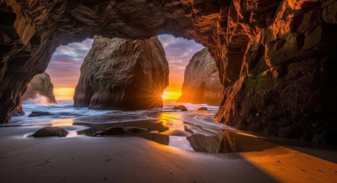 Sunset over rocky coastline with large rock formations and waves crashing on the beach.
