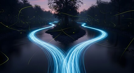 A mesmerizing long-exposure photograph of glowing blue light trails forming a symmetrical pattern over a calm river in a dense forest during twilight