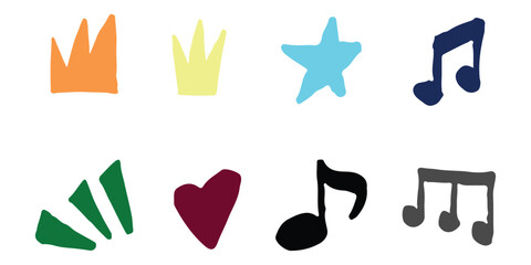 Colorful hand-drawn doodle symbols of stars, hearts, music, crowns isolated on transparent background