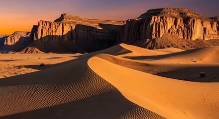 Golden Hour in the Desert Dramatic Sunset over Sand Dunes and Majestic Mountains.