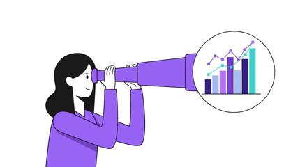 Woman utilizing a spyglass to examine business analytics for upcoming developments or progressions