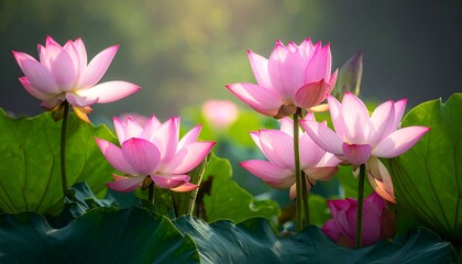 Obraz premium Pink Lotus Flowers in Full Bloom - A Serene Floral Display.