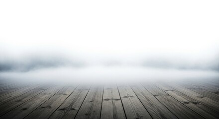 A wooden deck with a foggy background.