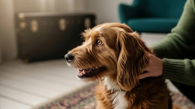 Adorable brown cocker spaniel being gently petted by its female owner in a cozy home. Sequence of frames showing the loving bond between a human and a pet animal. Domestic lifestyle banner