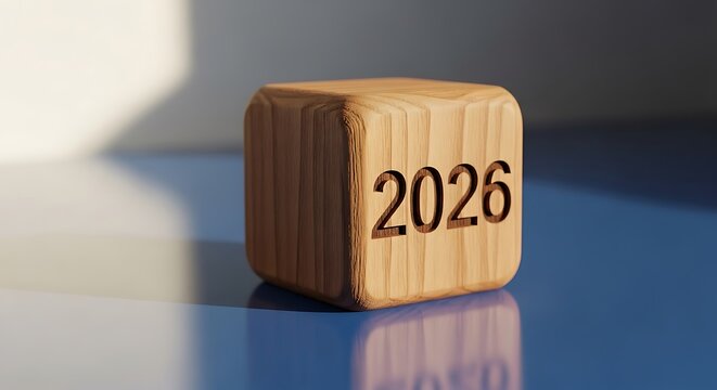 Natural wood cube with '2026' engraved, symbolizing the upcoming year, future planning, and new beginnings on a blue surface with shadow.