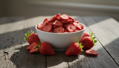 White bowl filled with freeze-dried strawberry slices and fresh strawberries on a rustic wooden table with natural light and shadows.