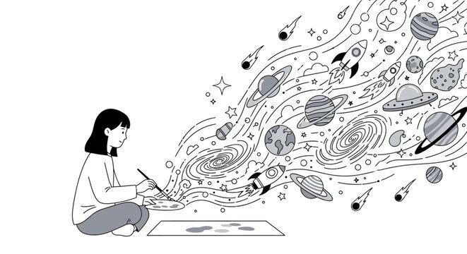 Illustration of a girl painting her imagination of space and planets in monochrome tones - Powered by Adobe