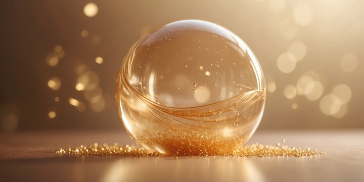 abstract golden sphere, A translucent sphere rests on a golden surface, filled with numerous small, shimmering gold particles. The gentle glow and reflections on the sphere are heightened by soft, dif