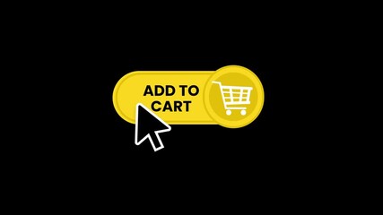 Animated mouse cursor clicks a vibrant yellow "Add to Cart" button with a shopping basket icon. Perfect for e-commerce, online shopping tutorials, retail promotions, call-to-action overlays and promot