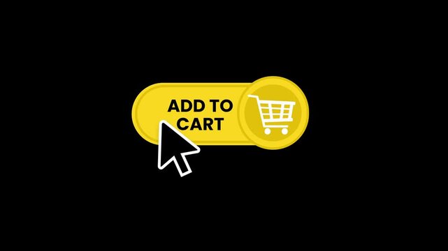 Animated mouse cursor clicks a vibrant yellow "Add to Cart" button with a shopping basket icon. Perfect for e-commerce, online shopping tutorials, retail promotions, call-to-action overlays and promot