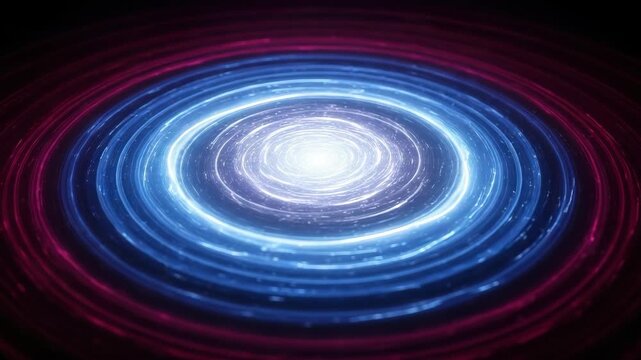 Digital light trails swirling into a futuristic energy portal. Abstract technology background with blue and magenta neon rings representing a data flow or time vortex