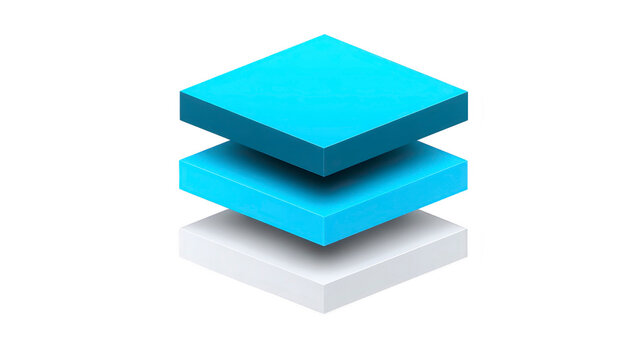Three layered blue and white 3D square blocks stacked in floating arrangement, modern geometric design, minimal style, isolated on transparent background
